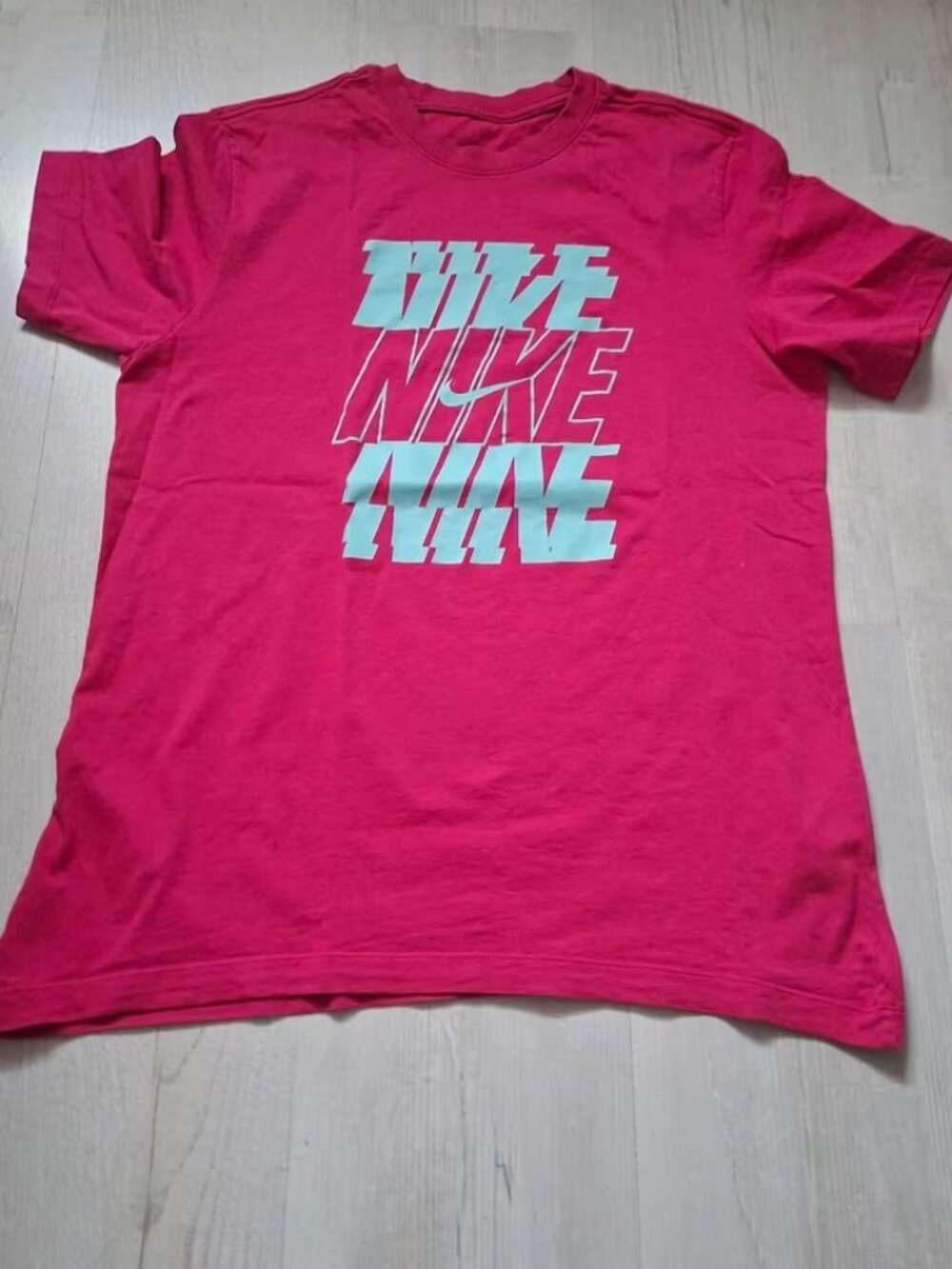Nike Pink Graphic Tee with Light Blue Logo Print — Size M, Excellent Condition